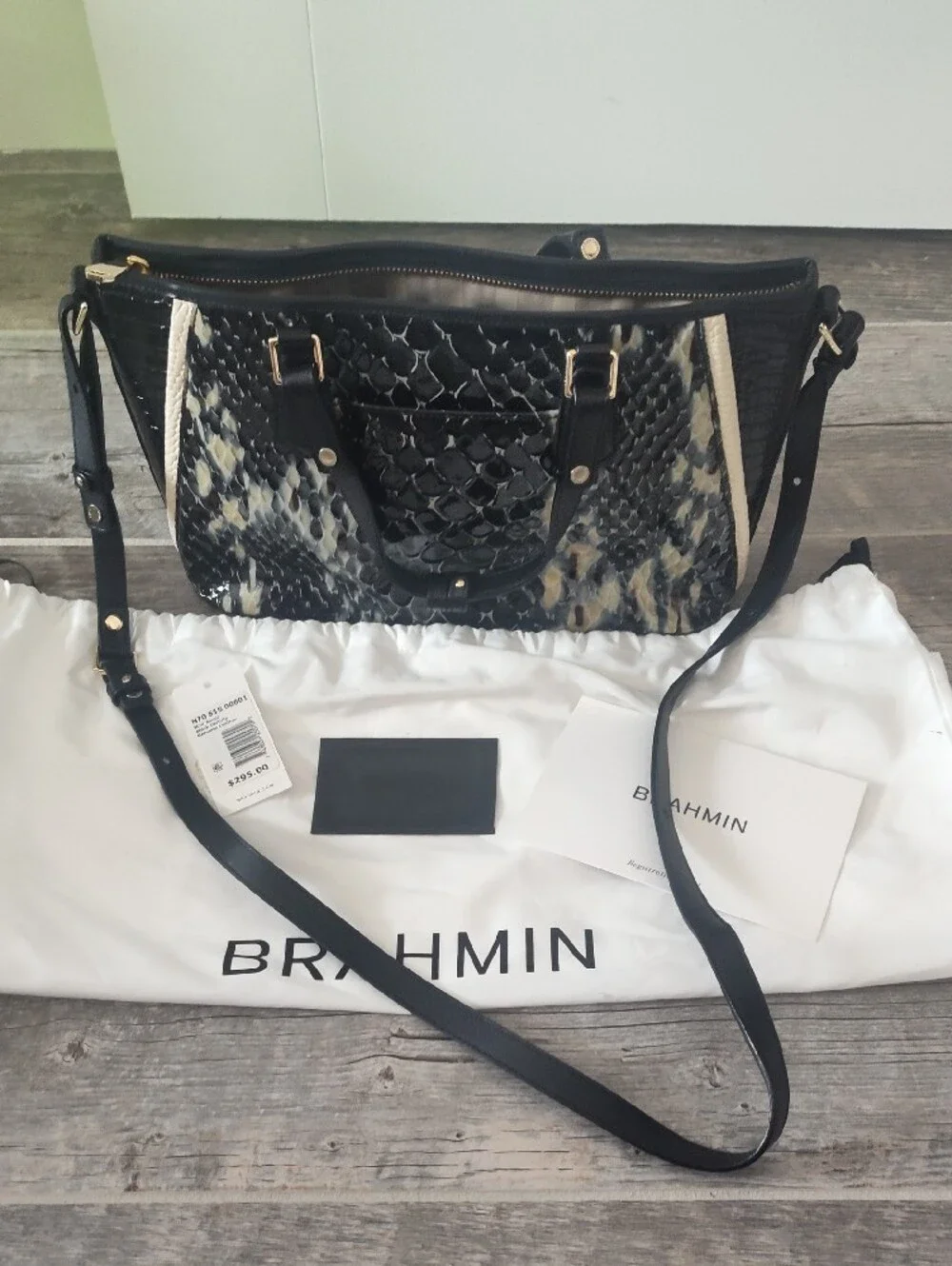 Brahmin Black & Cream Textured Shoulder Satchel with Tassel Charm